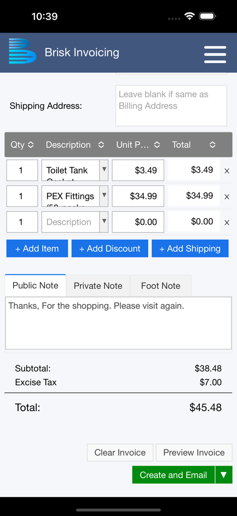 Brisk Invoicing - Brisk Invoicing mobile app screen for creating an invoice with line items and total calculation