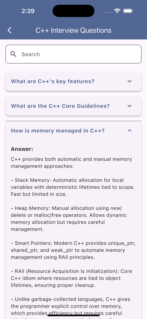 C++ Flashcards and Dictionary - Ein Screenshot des Bildschirms C++ Interviewfragen, der eine detaillierte Erklärung von Speicherverwaltungskonzepten wie Stack- und Heap-Speicher zeigt.