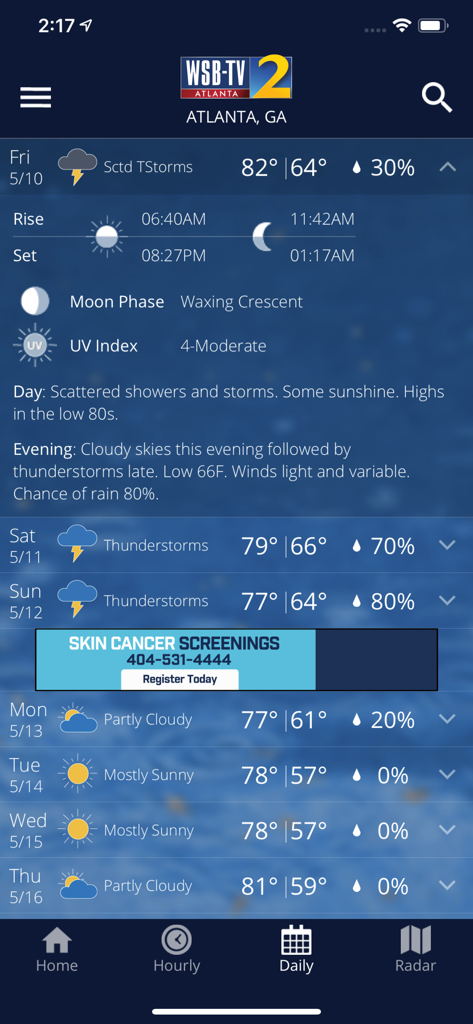 Severe Weather Team 2 앱의 Atlanta 일일 날씨 예보 개요
