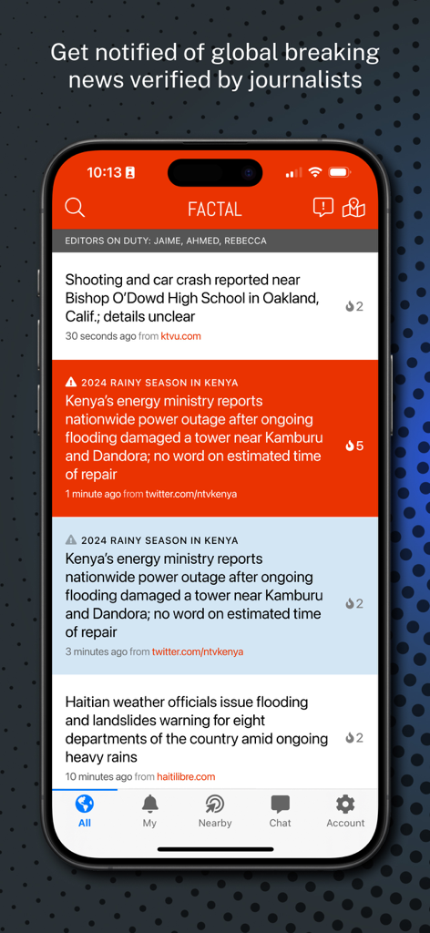 Factal News - Factal News mobile App, die einen Feed von von Journalisten verifizierten Eilmeldungen anzeigt