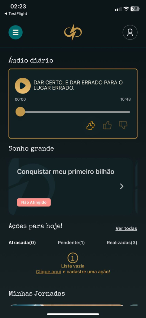 Marca Passosアプリのインターフェース。毎日のオーディオプレーヤーと目標追跡ダッシュボードが表示されています。