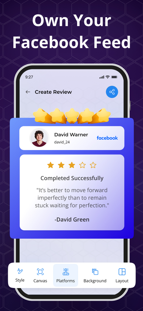Interface of the Quotes Maker app showing a tool to design and customize motivational posts for a Facebook feed