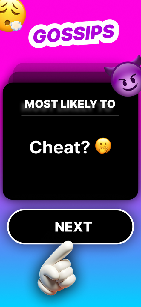 Explode 2: Get Exposed - A Most Likely To question about cheating in the Explode 2 gossip game mode