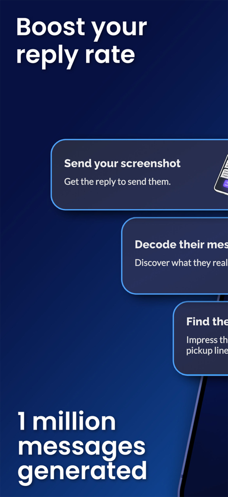 VIBBE app screenshot highlighting features like boosting reply rates and decoding messages with AI.