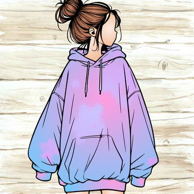 realistic girl with a oversized sweatshirt on and a bun