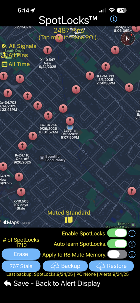 R8 Companion SpotLocks interface displaying a map with pinned radar signals and muting settings.