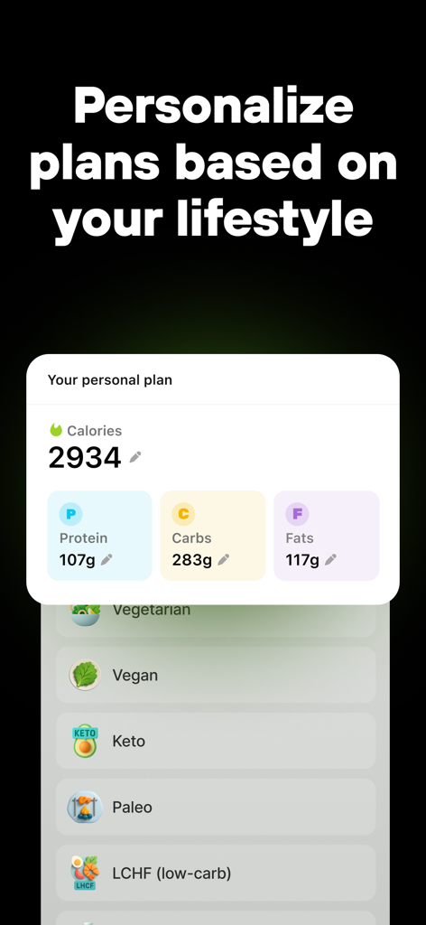 AI Calorie Tracker: SimpliFit - Pantalla de la aplicación SimpliFit para personalizar planes de nutrición basados en preferencias dietéticas como Keto y Vegano