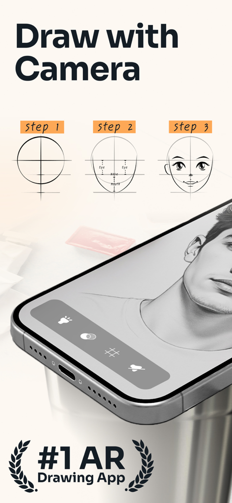 AR Drawing: Trace & Sketch Art - AR Drawing app interface showing step by step tutorial for sketching a face with camera tracing technology