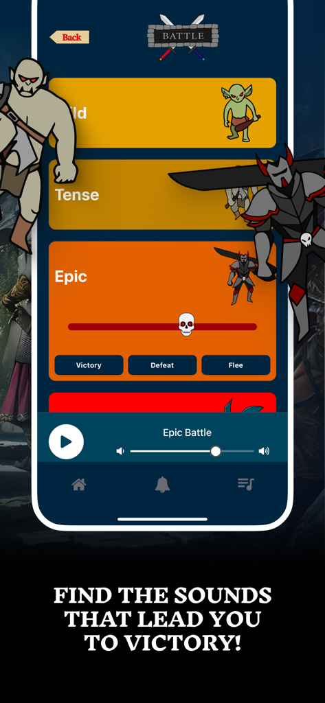 Tabletop Tunes - RPG Music App - Tabletop Tunes App-Kampfbildschirm mit adaptivem Musikintensitätsregler und Kampfgeräuschsteuerungen für RPG-Sitzungen.