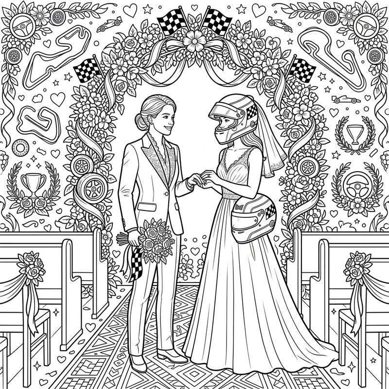 Get ready to celebrate a unique blend of romance and racing with this exquisite Formula 1 Drivers Wedding coloring page. Featuring two elegant brides amidst charming floral and subtle motorsport details, it's a perfect tribute to love that conquers all tracks.