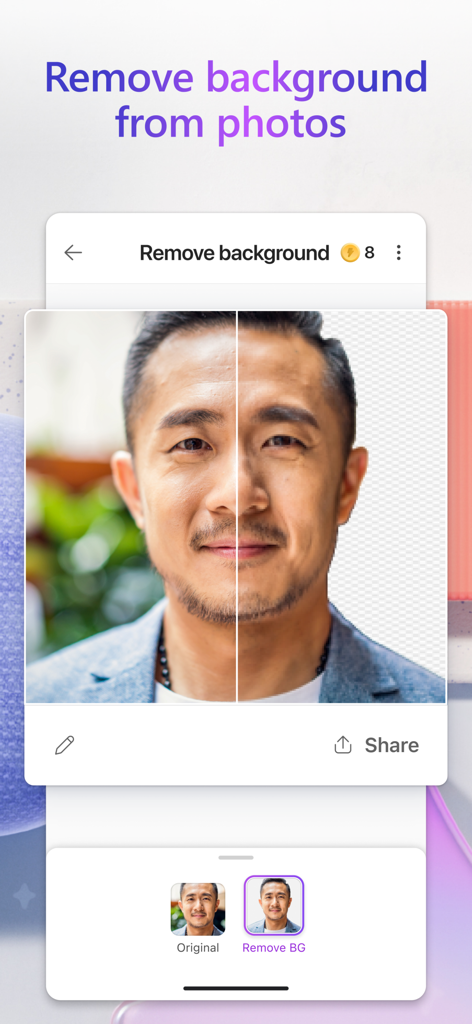 Interfaccia dell'app Microsoft Designer che mostra un confronto fianco a fianco di un ritratto con lo sfondo rimosso utilizzando l'IA
