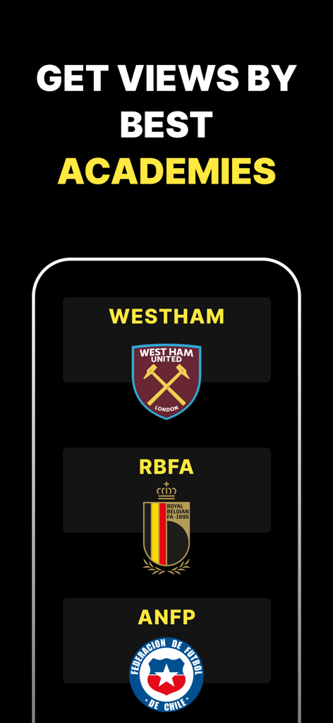 JuniStat - Smart Soccer Tests - JuniStat app screen showing professional soccer academies like West Ham United for talent identification