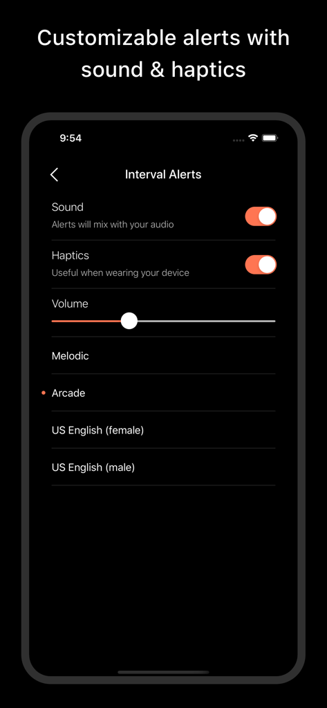 Pacer Fitness - Interval Timer - Tela de configurações para alertas de som e hápticos personalizáveis no aplicativo Pacer Fitness.