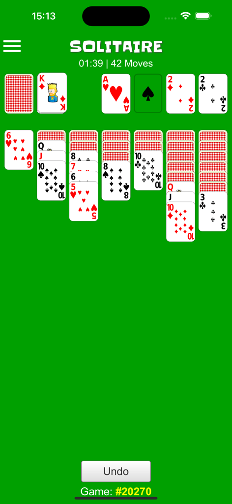 A classic Klondike Solitaire card game interface with a clean green background