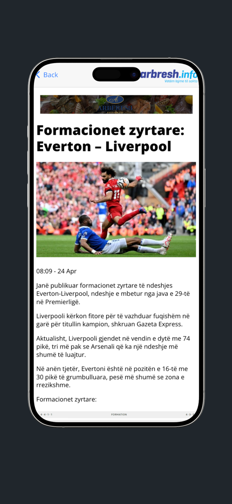 Arbresh.info - Arbresh.info mobile app showing a sports news article in Albanian about a Premier League soccer match.