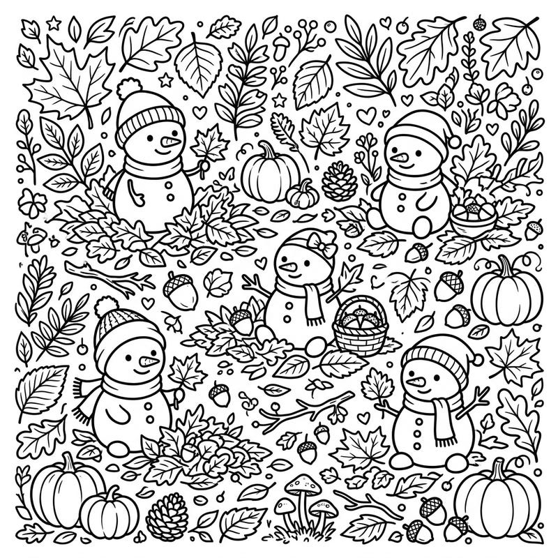 Step into a charming autumn scene where five delightful miniature snowmen are enjoying the beauty of fall. This intricate coloring page invites you to bring warmth and color to a landscape rich with seasonal treasures.