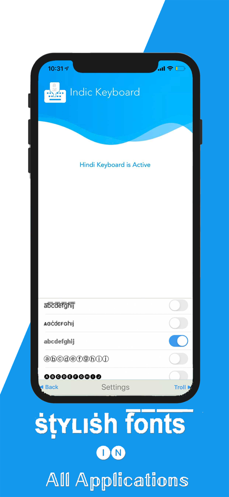 Indic Keyboard : 13 Languages - Indic Keyboard app interface showing stylish font options and Hindi keyboard status