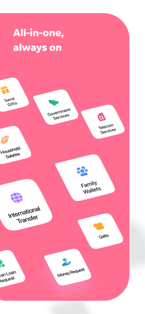 Un'illustrazione dell'app mobile urpay che mostra vari servizi finanziari come trasferimenti internazionali e wallet familiari.