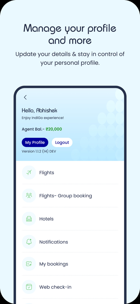 Dashboard of IndiGo Access B2B app displaying agent account balance and flight booking menu