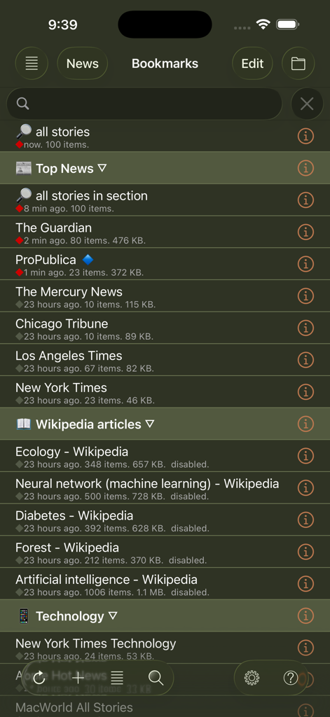 Speak News - RSS news reader - Une liste de signets de flux d'actualités et d'articles Wikipédia dans l'interface de l'application Speak News.