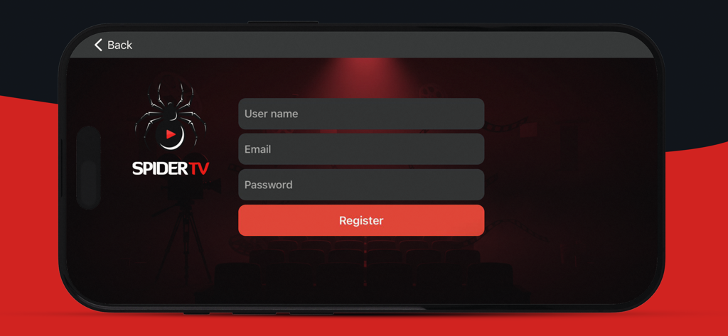 Tela de registro para o aplicativo Spider TV com campos para nome de usuário, e-mail e senha