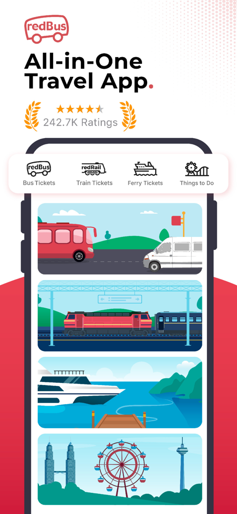 redBus mobile app interface showing options for booking bus train and ferry tickets with a high user rating