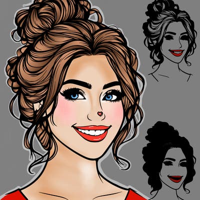 beautiful woman nose and smile messy bun realistic