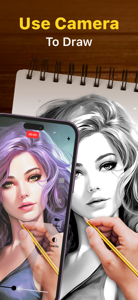 Ar Sketch Tracing Projector - A smartphone screen displaying a girl's portrait while a hand traces it onto a physical sketchbook