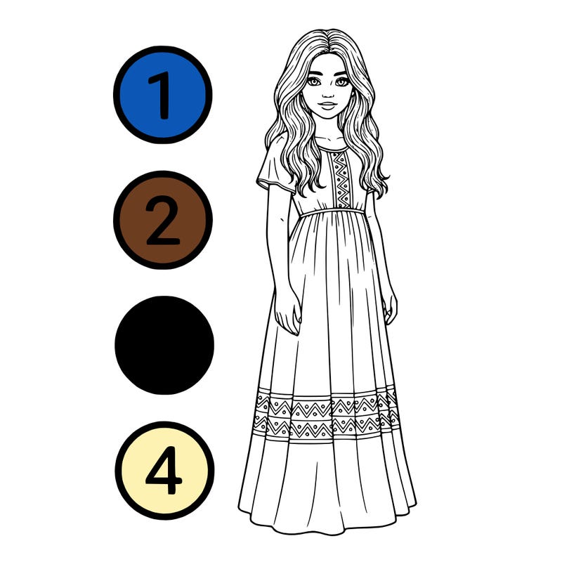 a girl with a bunch of circles on the side of the drawing next to her with numbers 1 2 3 and 4 and no background tall realistic girl