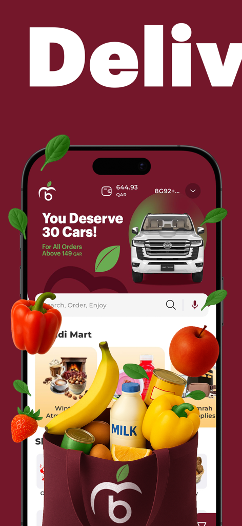 BaladiMart: Grocery - BaladiMart app home screen featuring grocery delivery services and a promotional car giveaway banner in Qatar