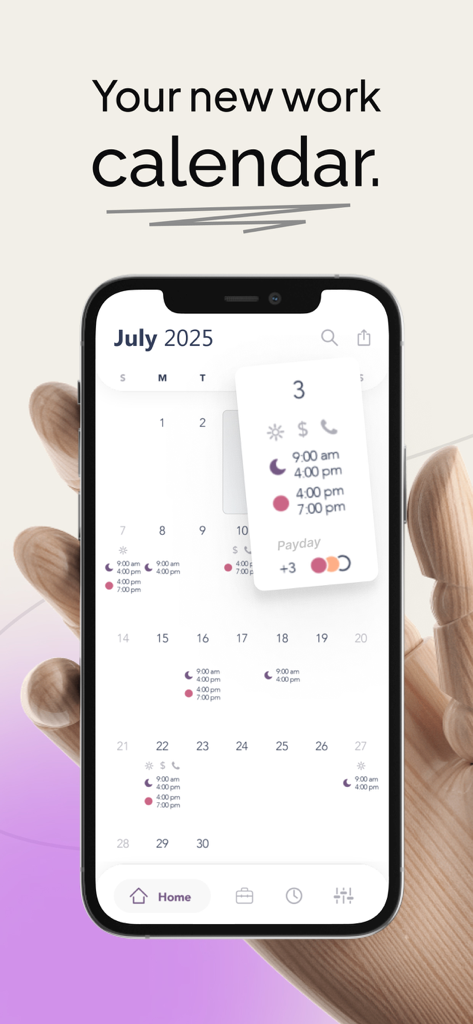 WorkTime: Shift Work Calendar - Interface do aplicativo WorkTime em um iPhone mostrando um calendário mensal de turnos com horas de trabalho e dias de pagamento