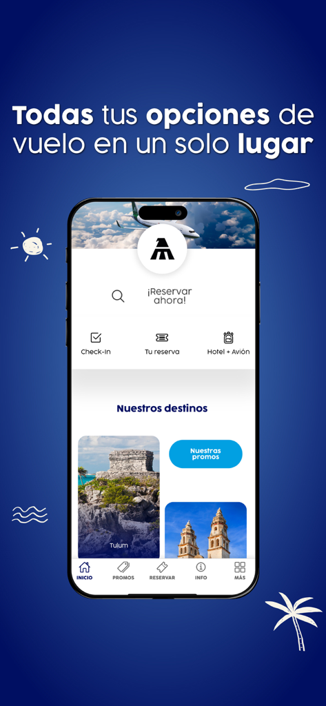 Mexicana - The home screen of the Mexicana airline app displaying flight booking options and travel promotions in Spanish