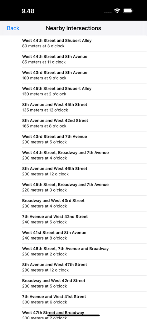 Screenshot of the BlindSquare app showing a list of nearby street intersections with distances and directions provided in a clock-face format.