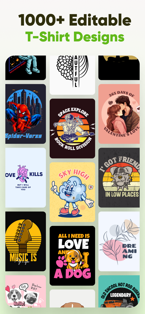 T-Shirt Designer & Printer - カスタムTシャツ用に1000以上の編集可能なグラフィックデザインテンプレートの多様なコレクションを示すグリッド。