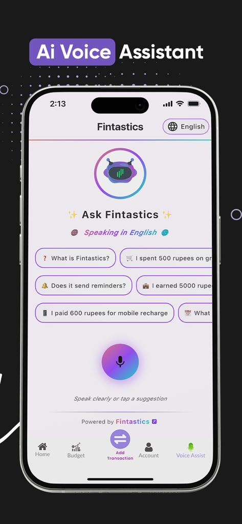Fintastics app AI voice assistant screen showing voice command suggestions for tracking expenses and income