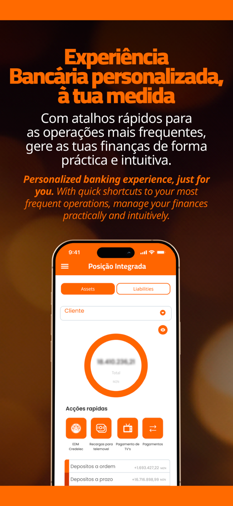 e-Daki - Interfaz de la aplicación de banca móvil e-Daki que muestra el panel de posición integrado con cuentas financieras y accesos directos de acción rápida