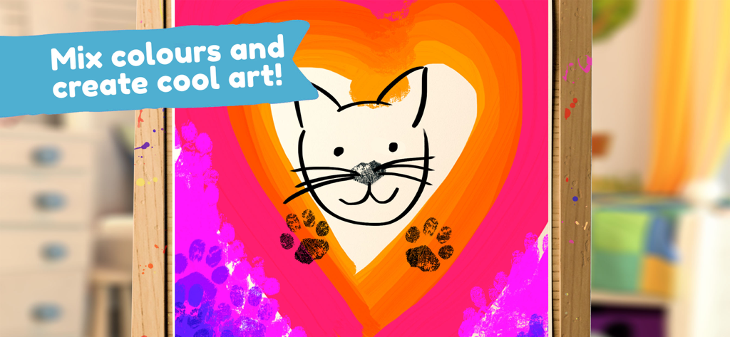 Little Kitten: Virtual Pet Cat - リトル・キトゥンアプリのデジタルイーゼルに描かれた、肉球の跡がある猫のカラフルな絵