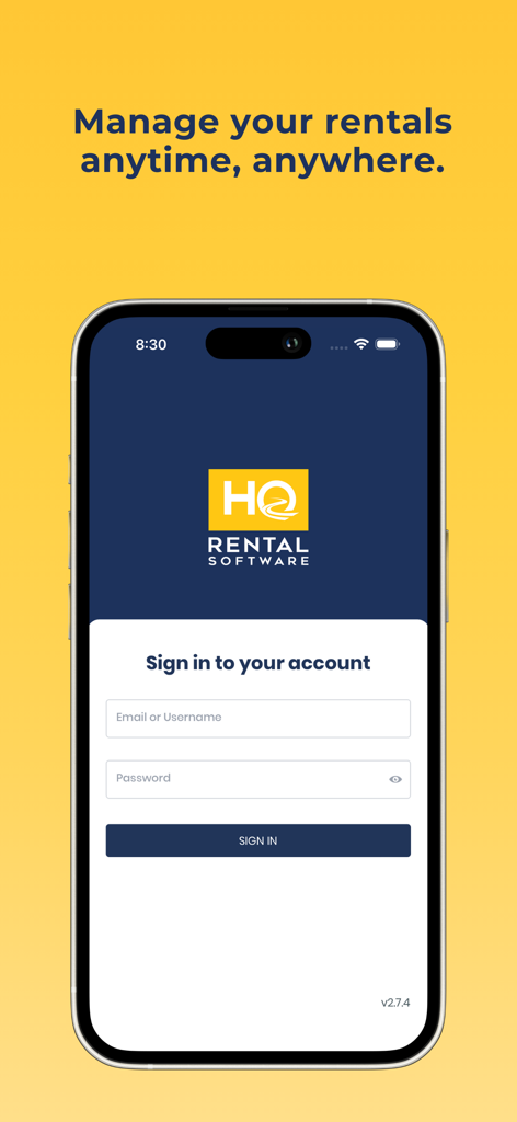 HQ Rentals mobile app sign in screen with fields for username and password