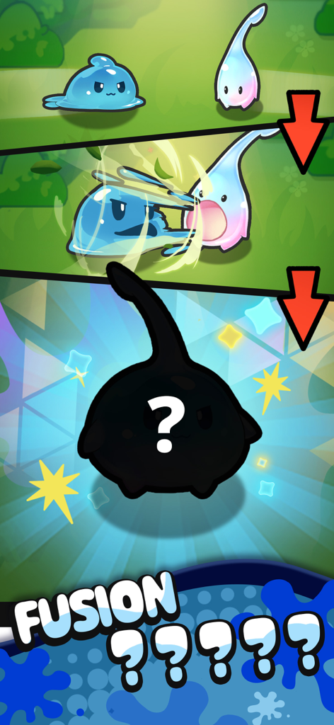 Pew Pew Slime - Idle RPG - Una secuencia que muestra dos slimes fusionándose en una misteriosa nueva evolución a través del sistema de fusión