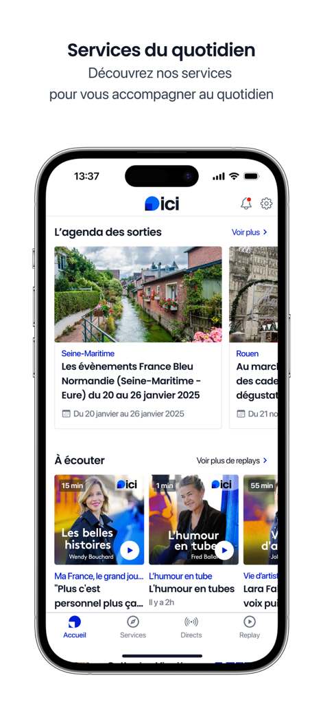 Mobile interface of the ici app showing local outings agenda and regional podcasts.