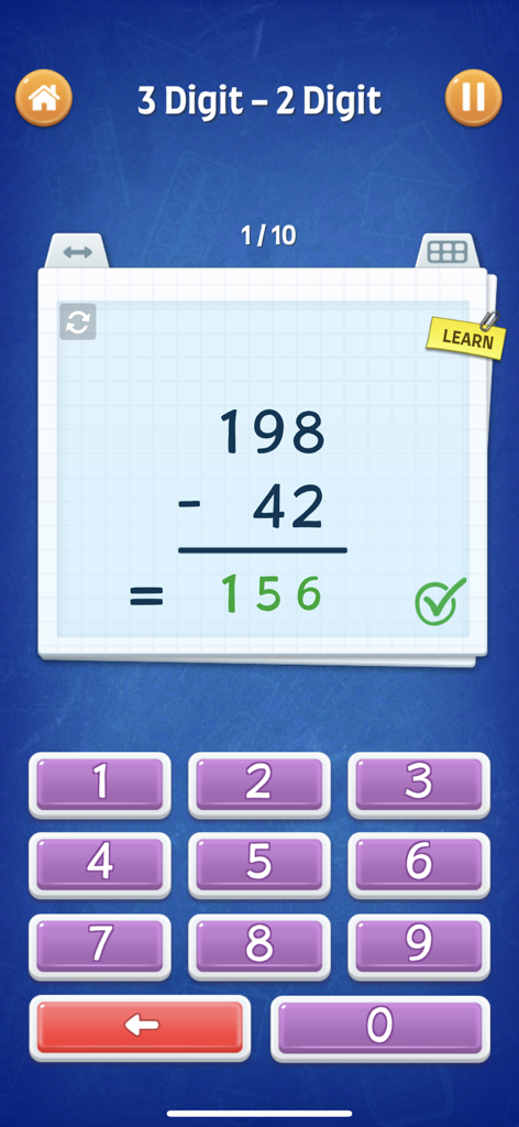 Educational math game interface showing a three digit subtraction problem for kids