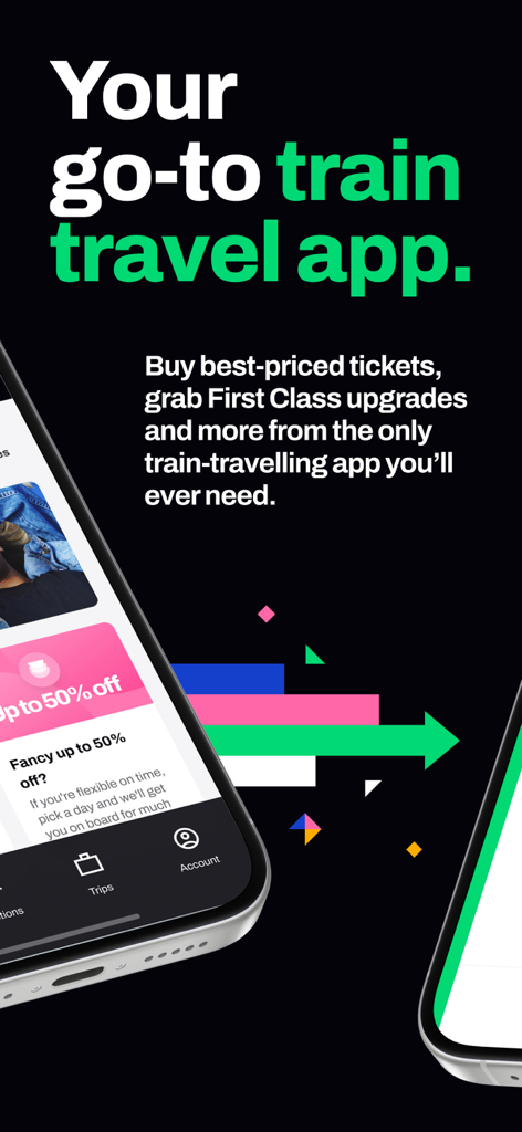 Seatfrog: Rail Journey Planner - Marketing screen for Seatfrog app highlighting ticket purchases and first class upgrades.