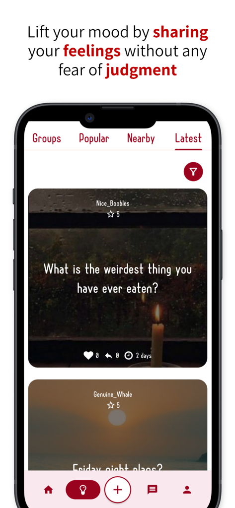 Una pantalla de smartphone mostrando la interfaz de la app anony con publicaciones anónimas y pestañas de comunidad como Cercanas y Últimas.