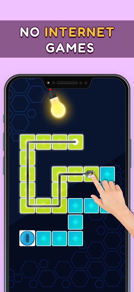 Mini Games: 100+ Offline Games - Una pantalla de móvil que muestra un juego de rompecabezas sin conexión donde un jugador conecta bloques para encender una bombilla
