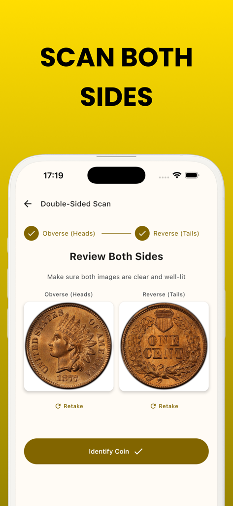 Coin identifier: CoinDetect - CoinDetect App-Oberfläche, die einen beidseitigen Scan eines 1877er US-Pennys zur Identifizierung anzeigt