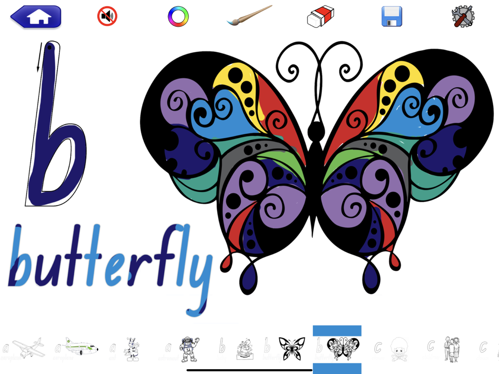 School Writing - learn the abc - Pantalla educativa que muestra instrucciones de trazado para la letra cursiva 'b' y la palabra 'butterfly' con una ilustración colorida