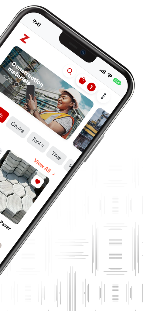 Ziramba - Smartphone showing the Ziramba app interface with categories for construction materials and home improvement products