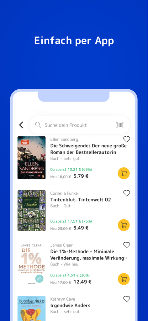 Medimops app search results page displaying used books with discounted prices and quality status