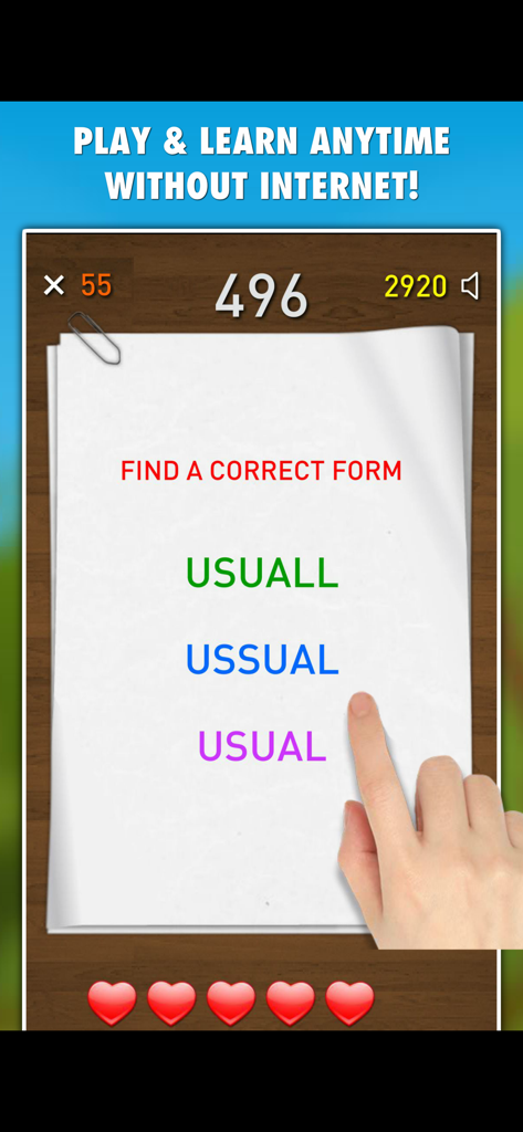 A spelling game interface where a player chooses the correct form of a word among three options with a hand pointing at the correct one