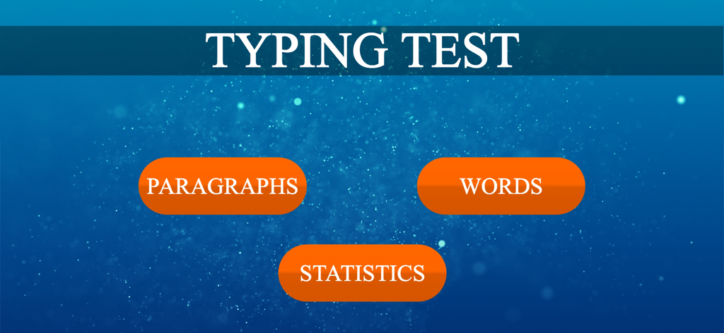 Menu principal de l'application Test de Frappe montrant des boutons pour Paragraphes, Mots et Statistiques sur un fond bleu
